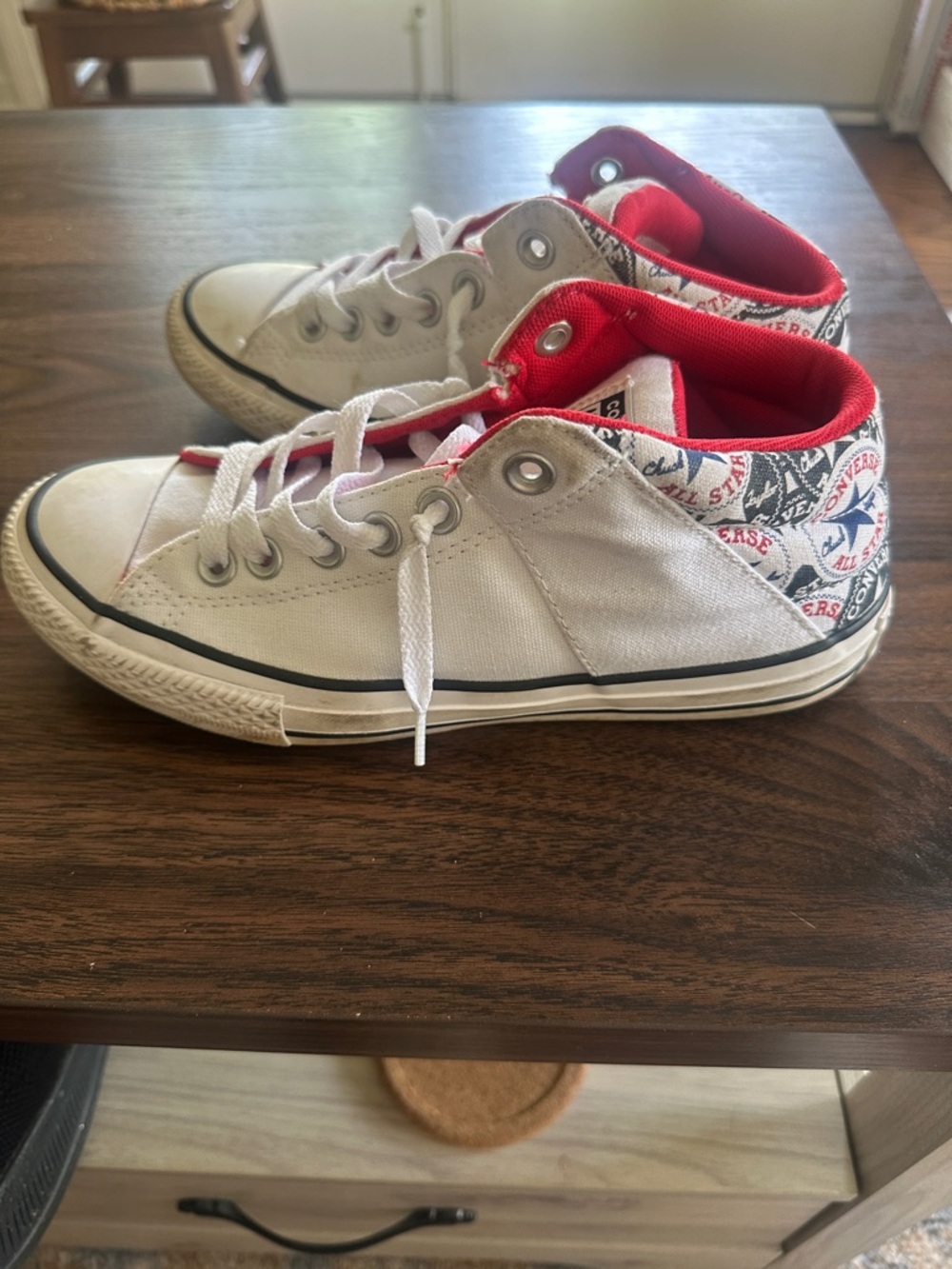 Converse Kids White High-Top Sneakers with Red Lining and Blue Logo Pattern